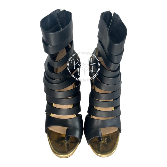 Christian Louboutin Strappy Boot Sandal 38 black White Gold Block Heel - Picture 7 of 14